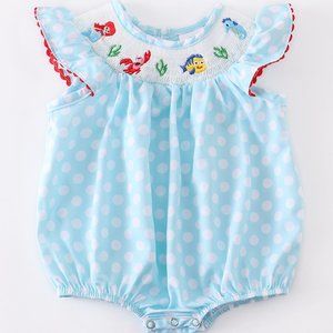 Baby Girls Princess Ariel Little Mermaid Smocked Embroidered Bubble Romper